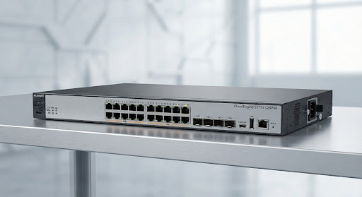 Huawei CloudEngine S5735 series campus switch with PoE ports and four 10GE optical ports isolated against light minimal industrial backdrop